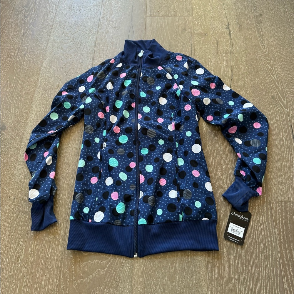 Cherokee Infinity polka dot zip-up scrub jacket
